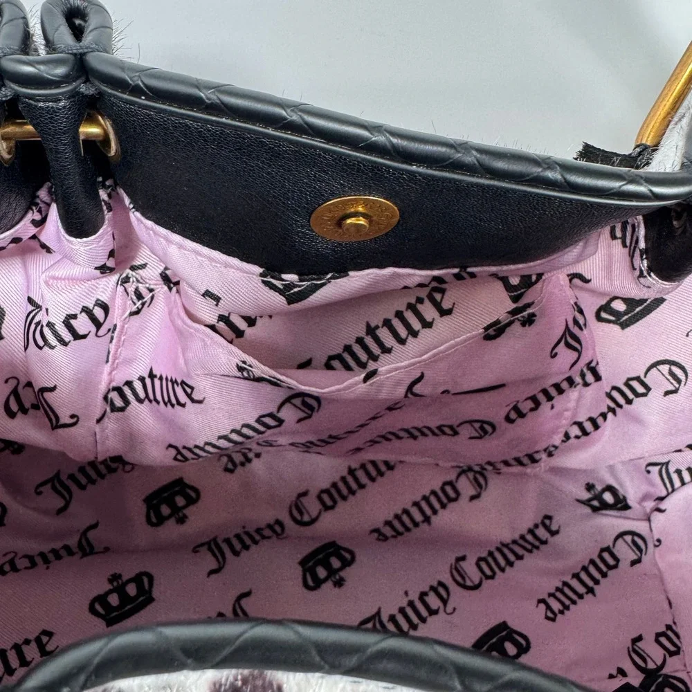 Juicy Couture Romance Cow Print Satchel Bag Faux Fur Pink Bow Heart Charm BW